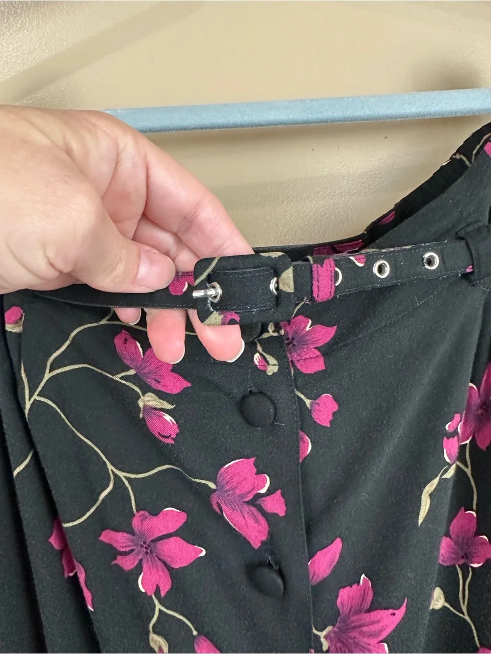 Vintage 90s Black Dark Floral Rayon Button Front Midi Skirt Petite M Whimsigoth